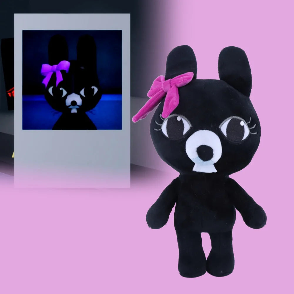 蓄光 ピンク リボン付き 黒いウサギのぬいぐるみ