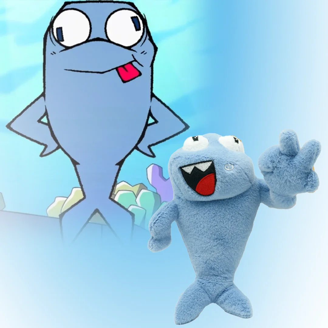 ピースサインと笑顔の ライトブルー 魚 ぬいぐるみ