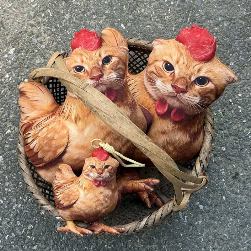 リアルプリント 鶏猫デザイン ふわふわクッション