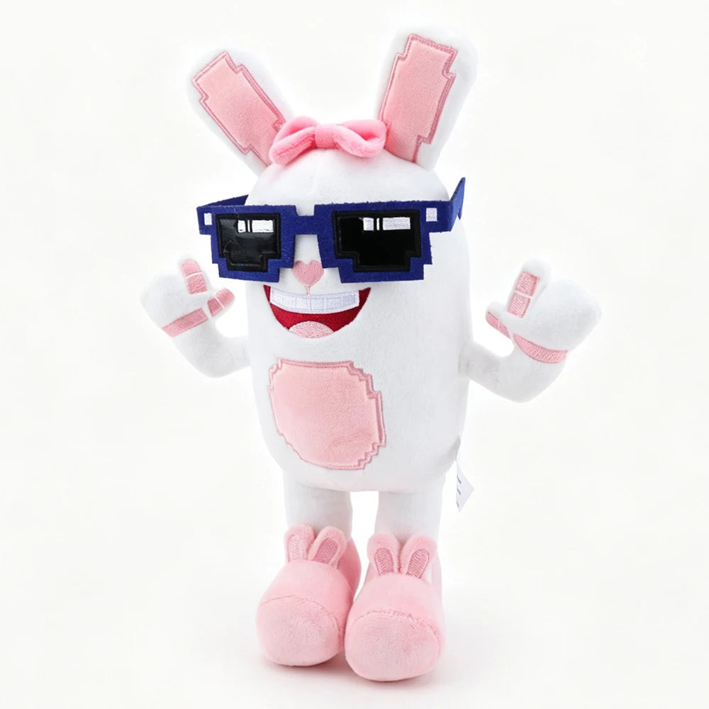 ピクセルサングラスの 白うさぎ ぬいぐるみ ピンクのリボンとスリッパ
