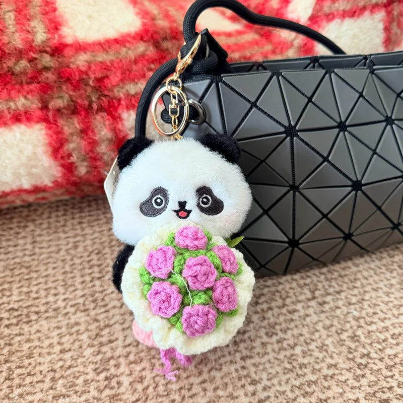 黒白と茶色のパンダ ぬいぐるみキーホルダー かぎ針編み花束