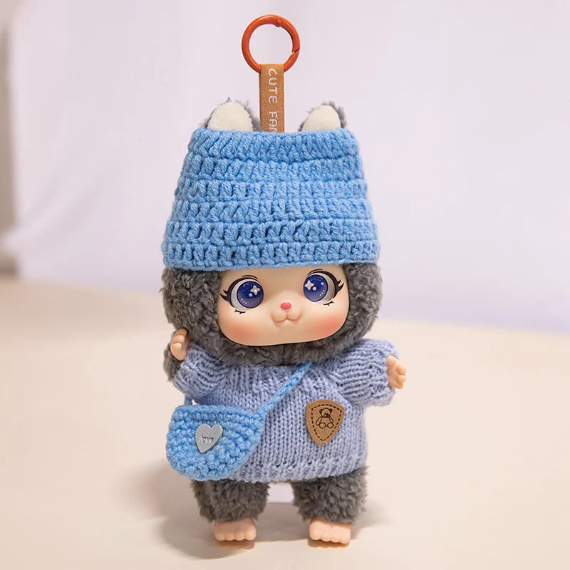 大きな瞳のモコモコひつじ ぬいぐるみ ニット帽とポシェット付き