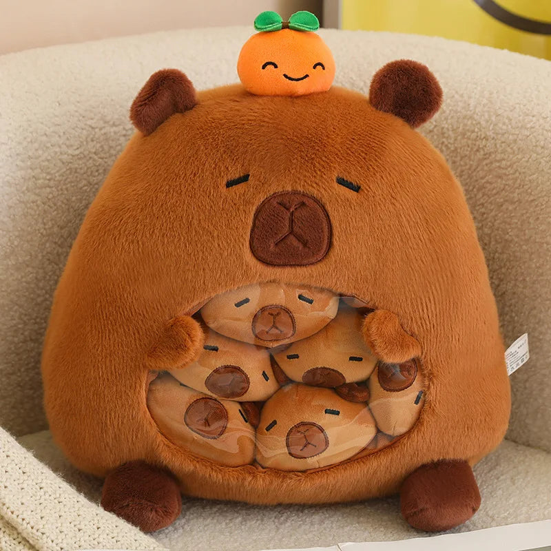 眠そうな茶色いクマのぬいぐるみ お腹にミニくま入り ニンジン付き