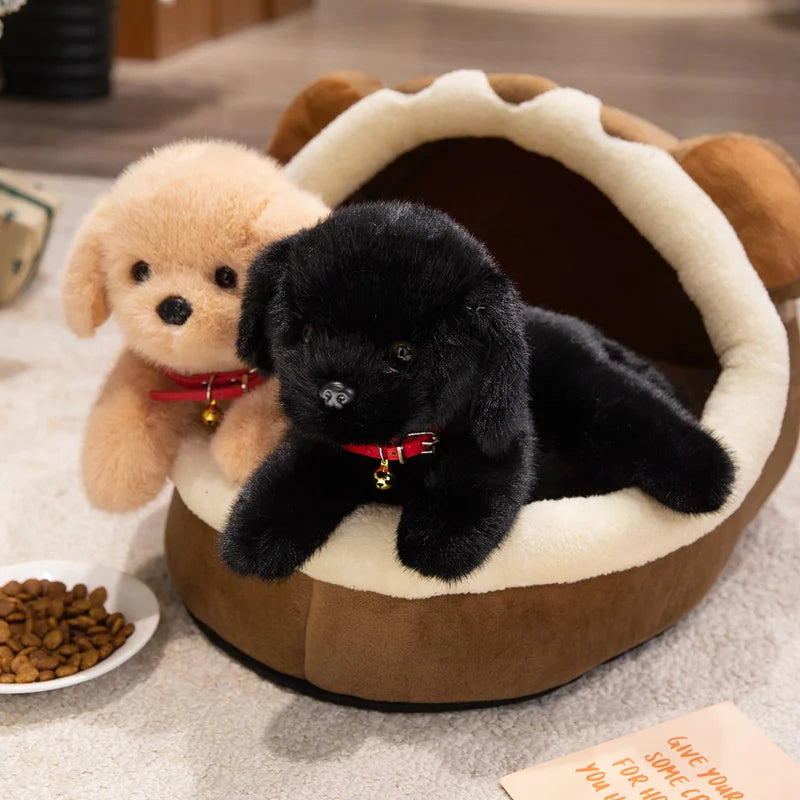 可愛いふわふわ子犬ぬいぐるみ 黒とベージュ 2匹セット 首輪付き