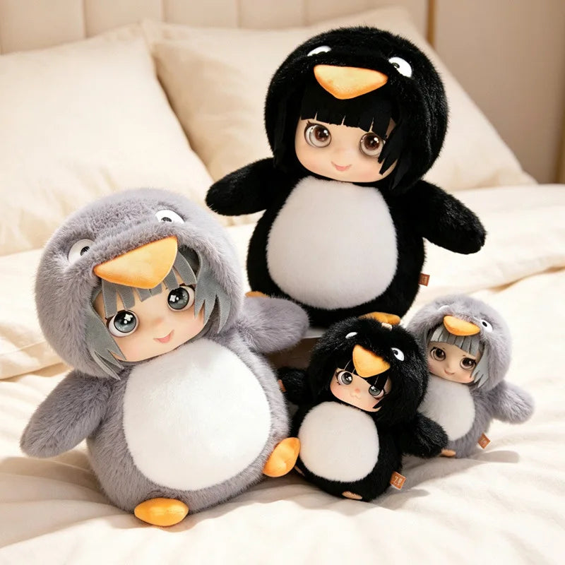 アニメ風 女の子のペンギン着ぐるみ ぬいぐるみ 黒い首輪付き