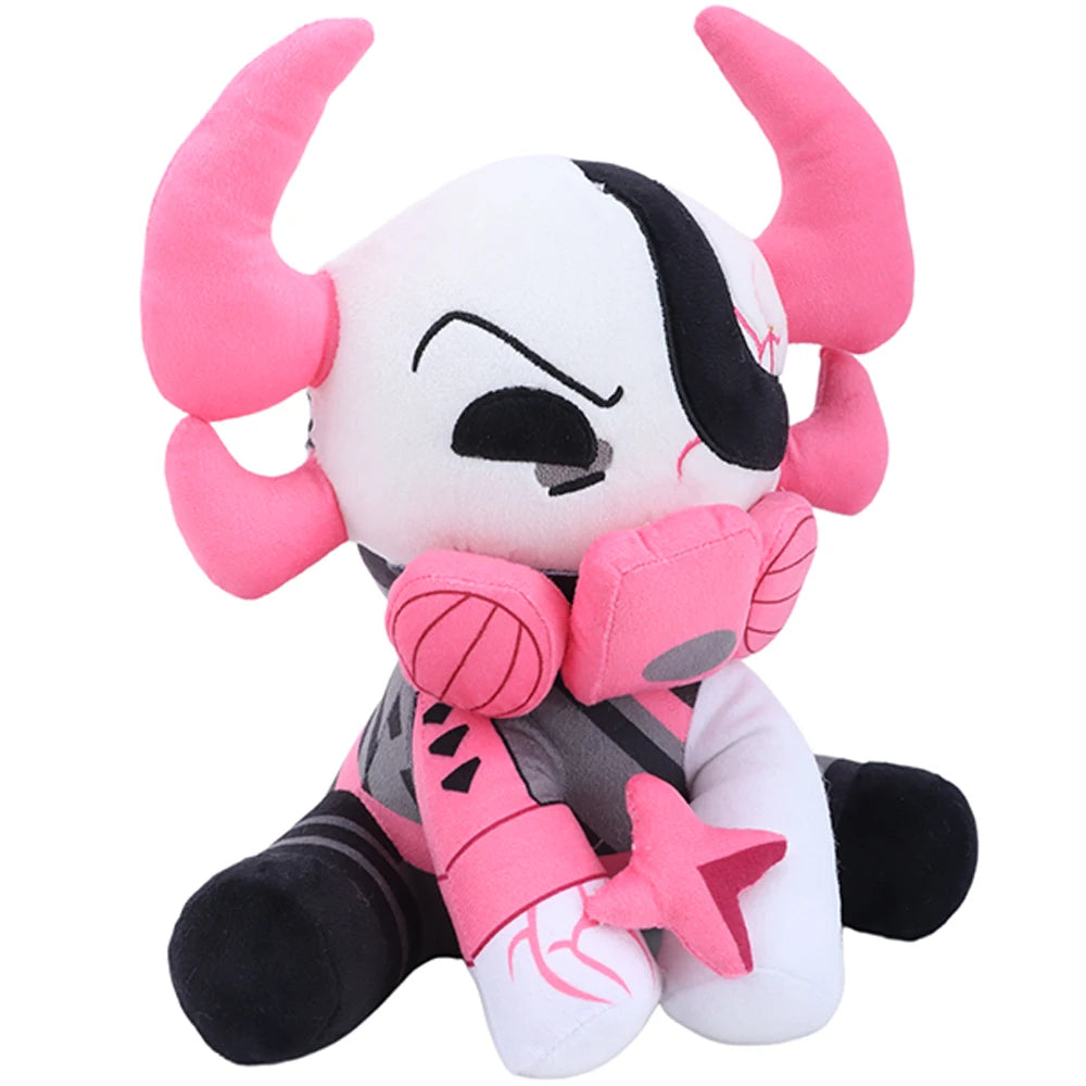 ピンクの角と黒い目元、ガスマスク風のぬいぐるみ