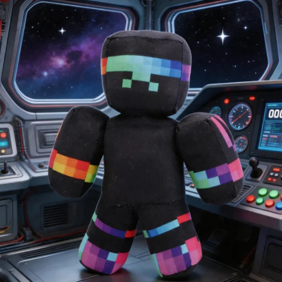 ぬいぐるみ レインボーピクセル柄の黒いブロックキャラクター
