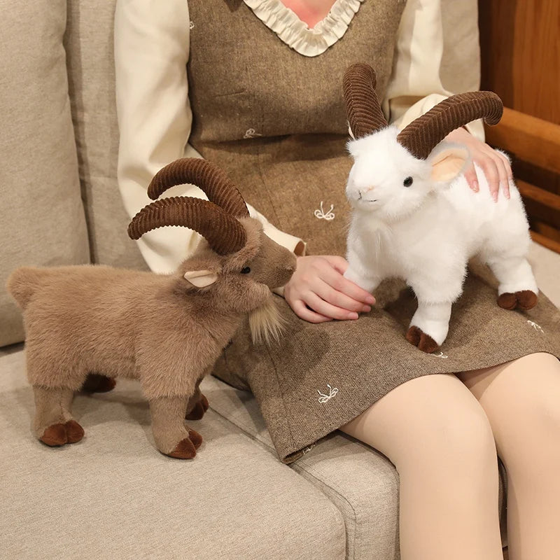 リアルなもこもこコーデュロイ角ヤギのぬいぐるみ 白/茶色
