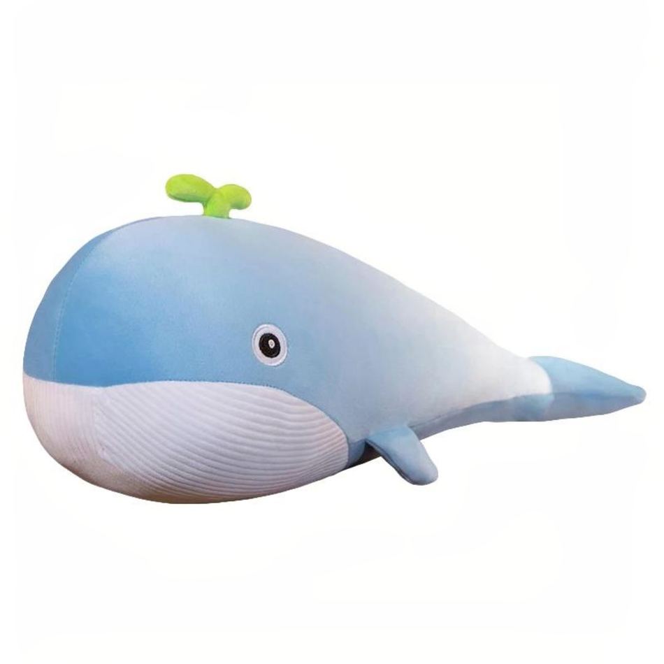 寝室のインテリアにぴったりの、柔らかくて巨大なパステルカラーのクジラのぬいぐるみ（ブルー）。The Plush Company