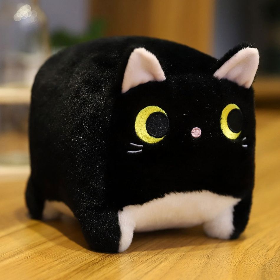 柔らかくて四角い猫のぬいぐるみ。心地よく、ご自宅にぴったり。ブラック。The Plush Company