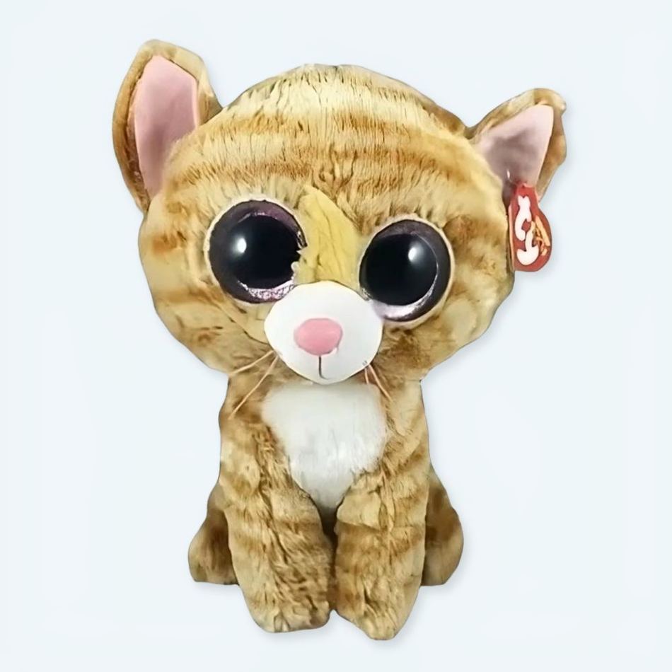 柔らかくて抱きしめたくなる、子供用の縞模様の子猫のぬいぐるみ。La Compagnie de la Peluche のふわふわの冬用おもちゃ。