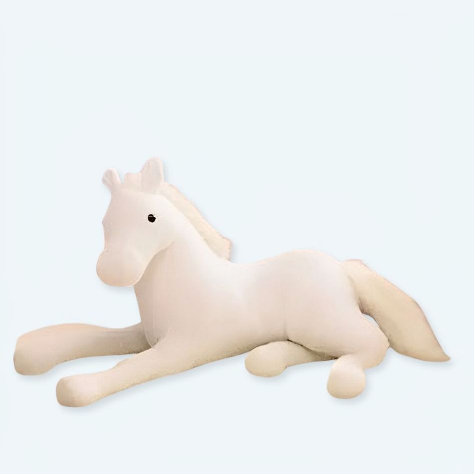 柔らかくて抱き心地の良い、子供用の白い馬のぬいぐるみ。乗馬テーマ。The Plush Company
