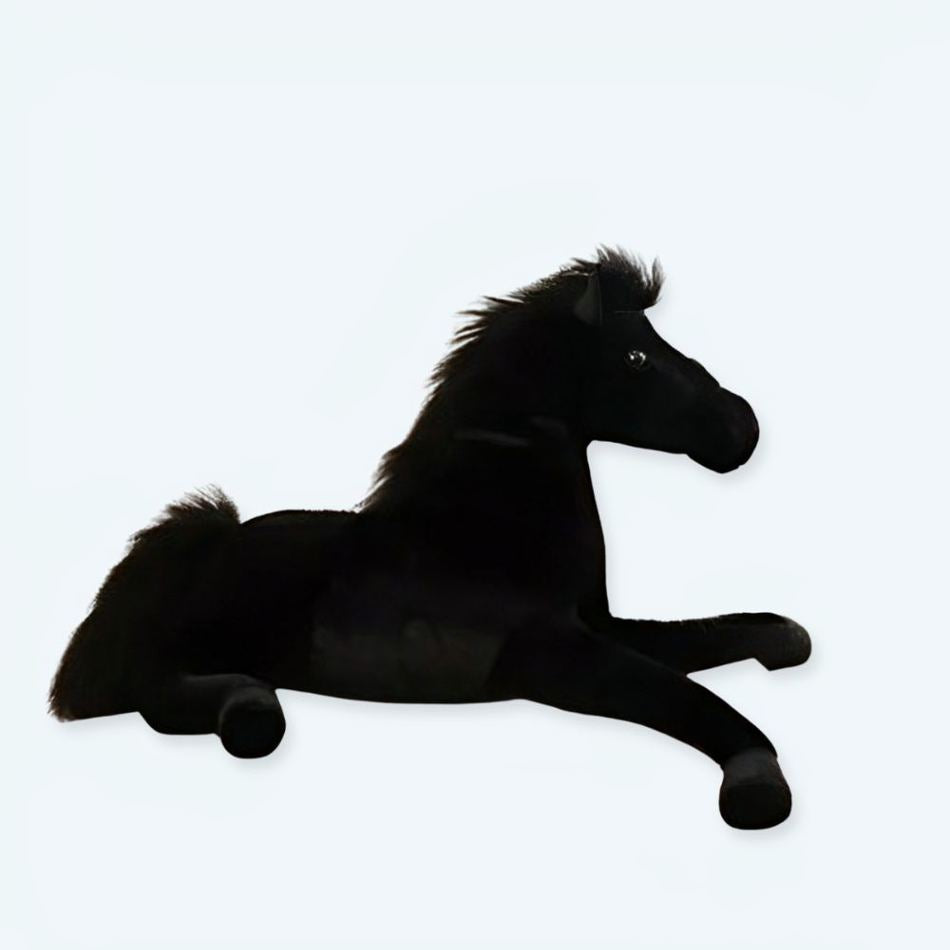 ふわふわで上品なベルベット素材の、子供用の黒馬ぬいぐるみ。The Plush Company