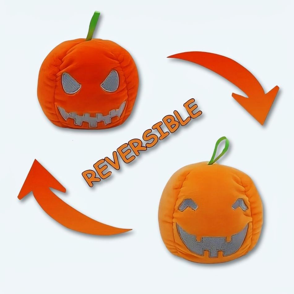ハロウィーンの飾り付けに最適な、リバーシブルで光るパンプキンぬいぐるみ - The Plush Company
