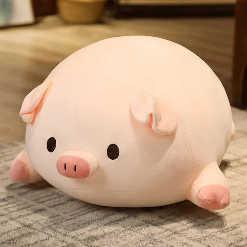 目を開けて横たわる豚のぬいぐるみ 75cm