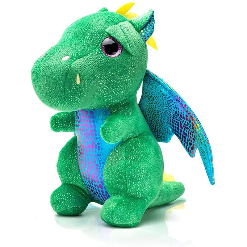 光沢のあるお腹を持つ緑のドラゴンのぬいぐるみ