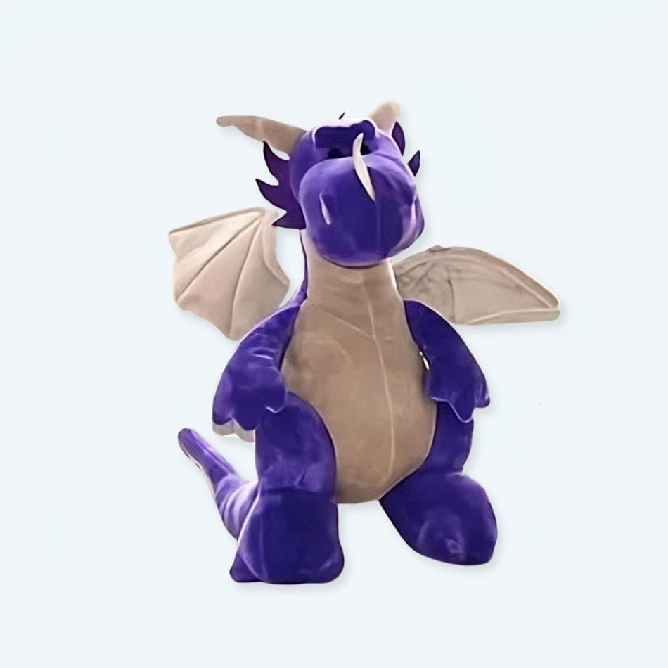 子供が抱きしめるのにぴったりの、柔らかくて魔法のような紫色のドラゴンのぬいぐるみ