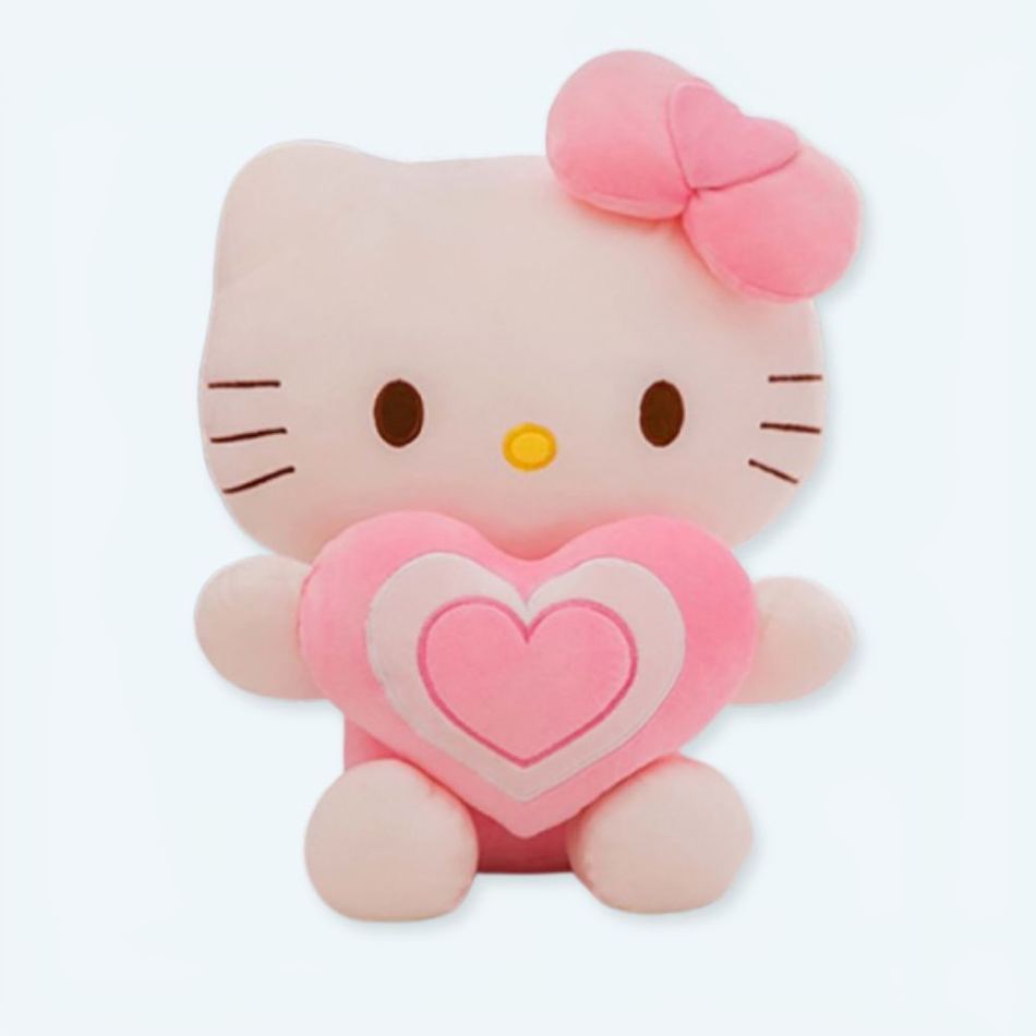 柔らかいハローキティのぬいぐるみ、ハート型、愛らしくて抱きしめたくなる、子供に優しい、La Compagnie de la Peluche製