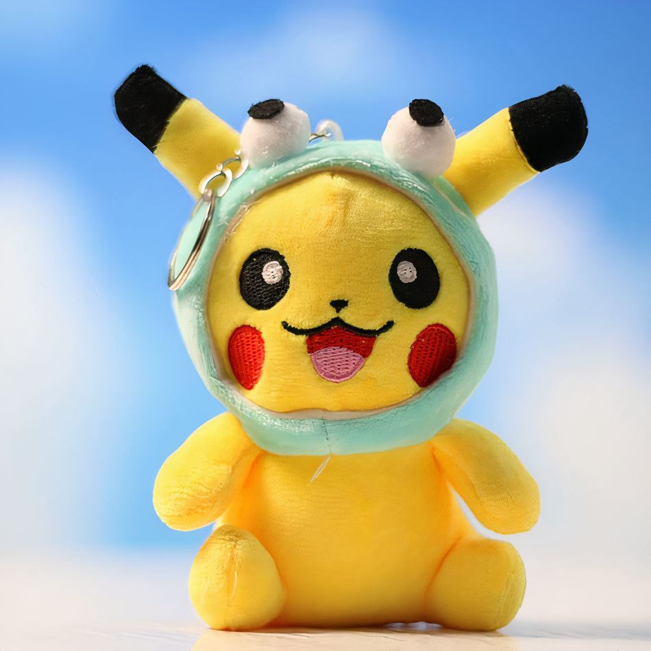 ピカチュウぬいぐるみキーホルダー（子供用帽子付き）、ソフトブルーポケモンぬいぐるみカンパニー