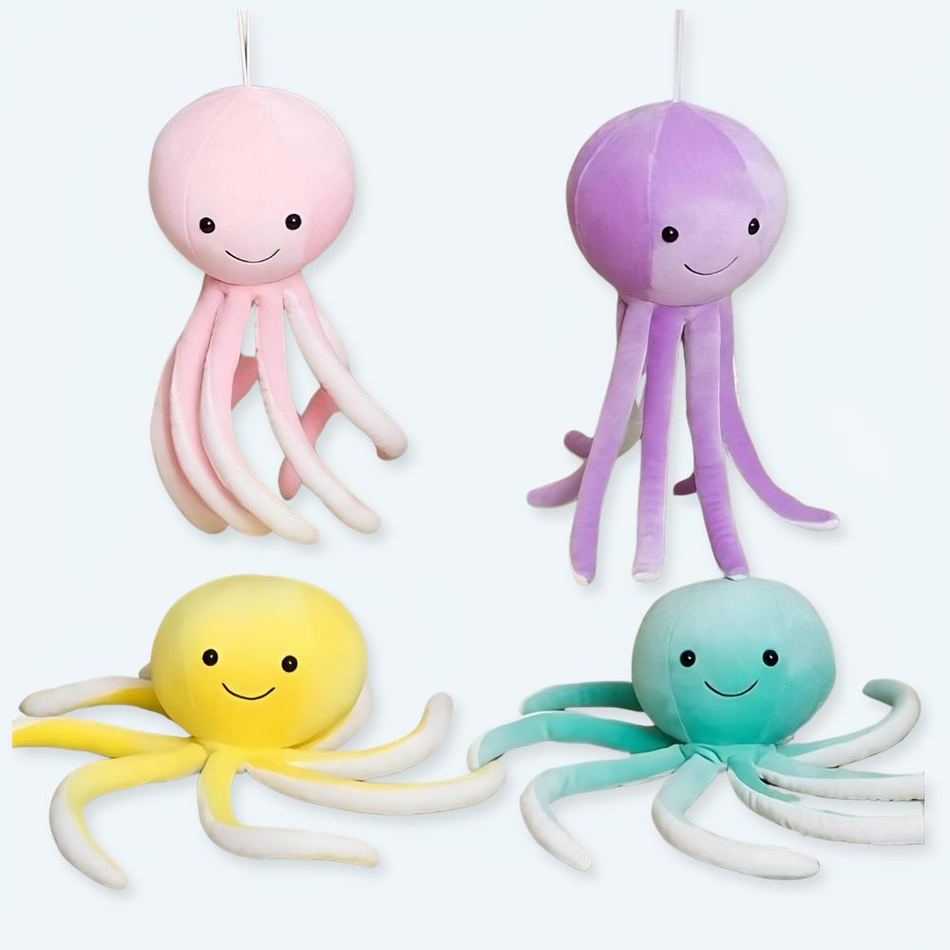 海洋をテーマにした、お子様向けの愛らしい柔らかい黄色のタコのぬいぐるみ。Plush Company