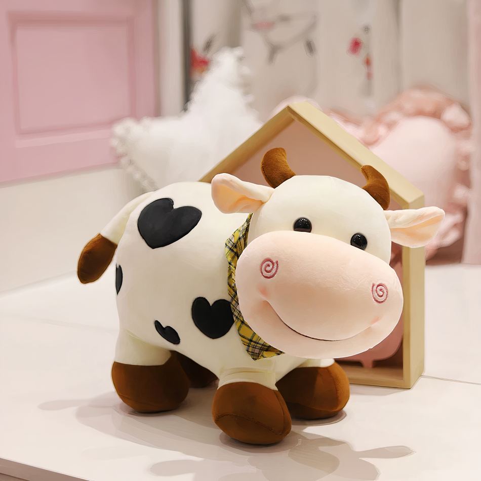 愛らしい模様の柔らかい牛のぬいぐるみ、白、25cm、The Plush Company