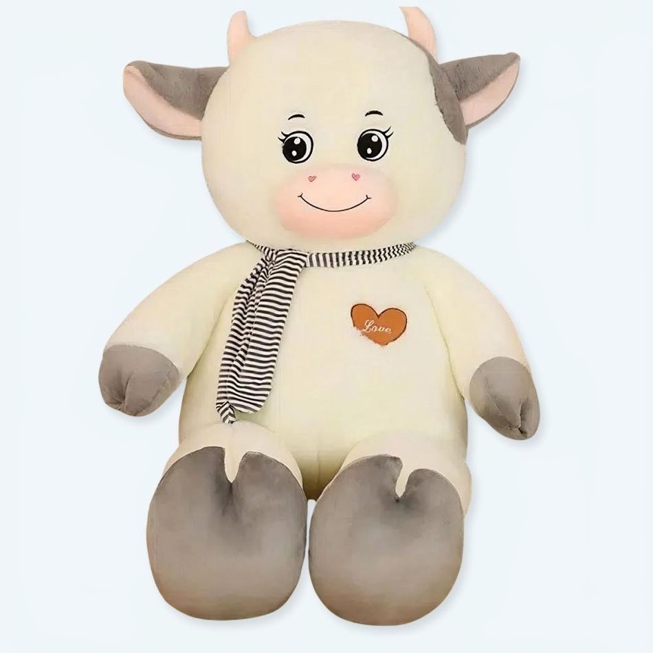 子供用の巨大で柔らかい白とグレーの牛のぬいぐるみ - The Plush Company